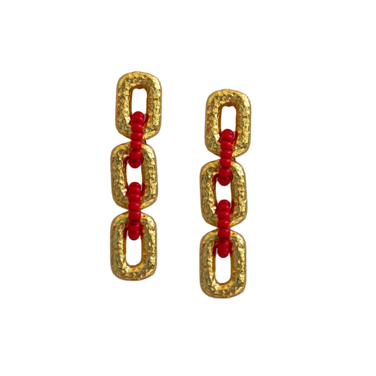 Connected Mini Link Beaded Earrings Red (Gold)