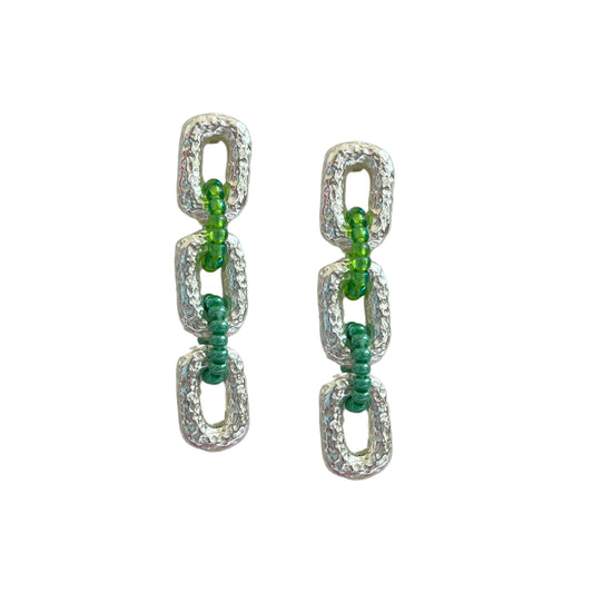 Connected Mini Link Beaded Earrings Mixed Greens (Silver)