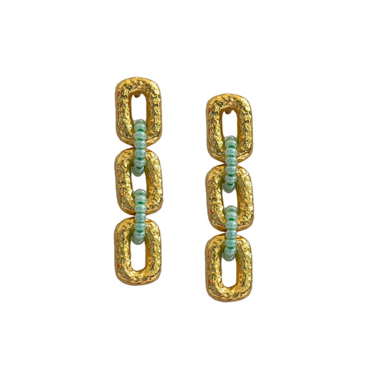 Connected Mini Link Beaded Earrings Aqua (Gold)