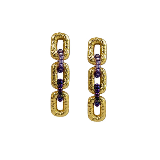 Connected Mini Link Beaded Earrings Mixed Purple (Gold)