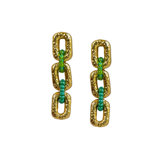 Connected Mini Link Beaded Earrings Mixed Greens (Gold)